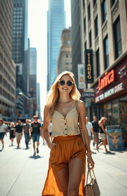 A beautiful blond woman walking confidently through a bustling city street, dressed in a stylish summer outfit, surrounded by modern skyscrapers and vibrant city life
