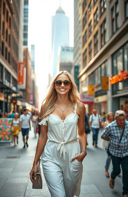 A beautiful blond woman walking confidently through a bustling city street, dressed in a stylish summer outfit, surrounded by modern skyscrapers and vibrant city life