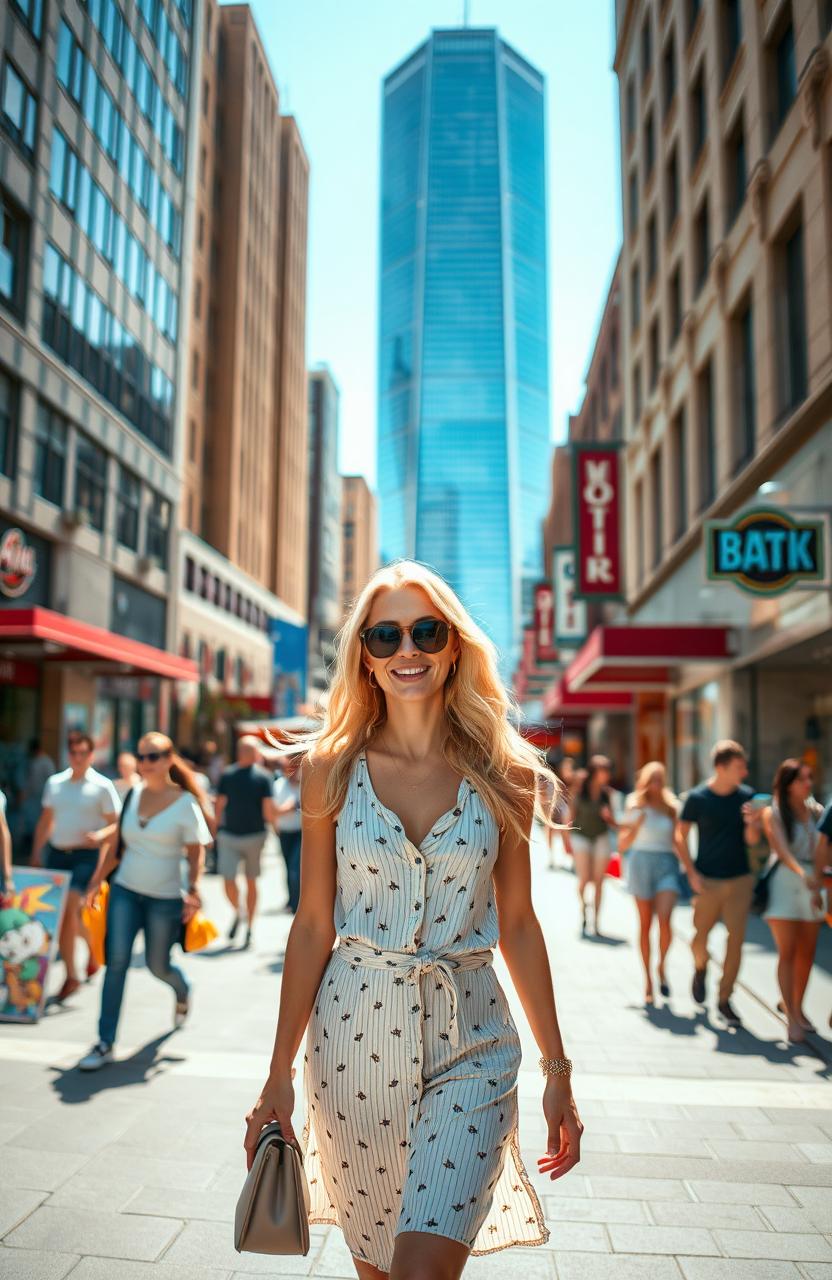 A beautiful blond woman walking confidently through a bustling city street, dressed in a stylish summer outfit, surrounded by modern skyscrapers and vibrant city life