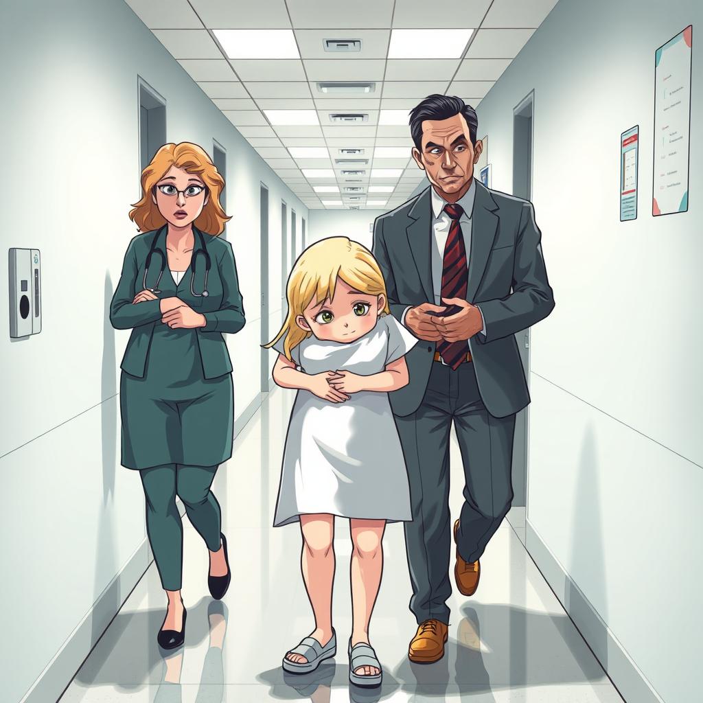 In a hospital corridor, a 17-year-old blonde girl wearing patient clothes shows signs of fatigue