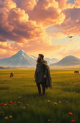 A lone man standing confidently on a vast, open fantasy plain, surrounded by breathtaking landscapes