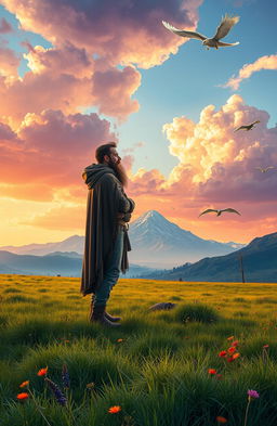 A lone man standing confidently on a vast, open fantasy plain, surrounded by breathtaking landscapes