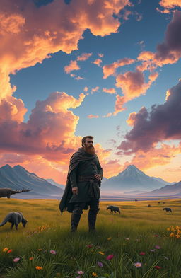 A lone man standing confidently on a vast, open fantasy plain, surrounded by breathtaking landscapes