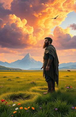 A lone man standing confidently on a vast, open fantasy plain, surrounded by breathtaking landscapes