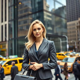 A polished and confident blond woman lawyer standing in front of a sleek glass building in New York City, wearing a professional yet stylish suit