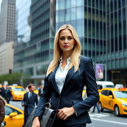 A polished and confident blond woman lawyer standing in front of a sleek glass building in New York City, wearing a professional yet stylish suit