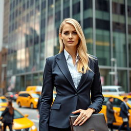 A polished and confident blond woman lawyer standing in front of a sleek glass building in New York City, wearing a professional yet stylish suit