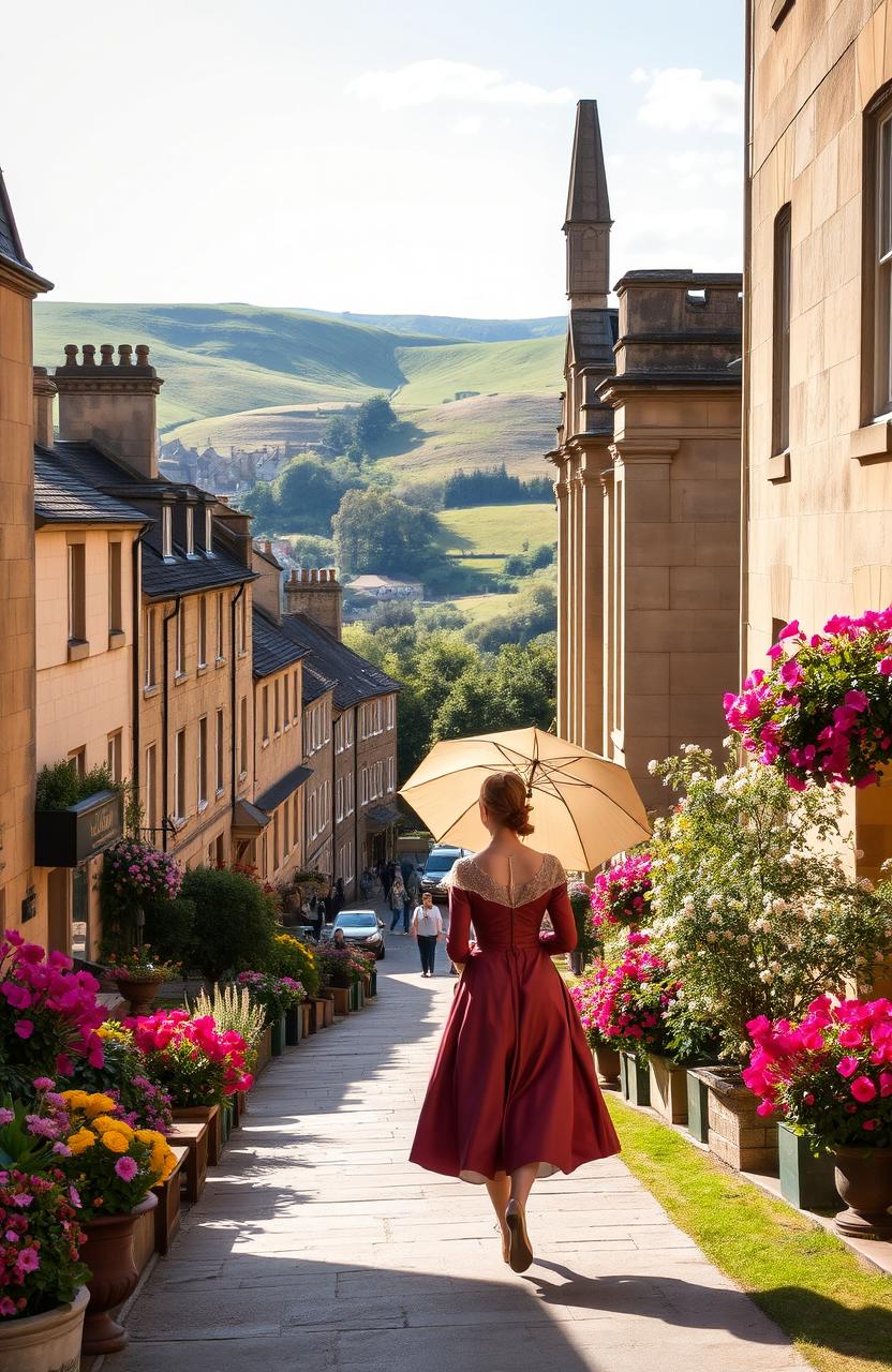A picturesque view of Bath, England, showcasing its stunning Georgian architecture and gentle rolling hills in the background