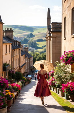 A picturesque view of Bath, England, showcasing its stunning Georgian architecture and gentle rolling hills in the background
