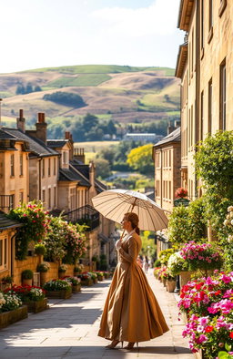 A picturesque view of Bath, England, showcasing its stunning Georgian architecture and gentle rolling hills in the background