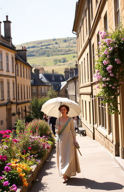 A picturesque view of Bath, England, showcasing its stunning Georgian architecture and gentle rolling hills in the background