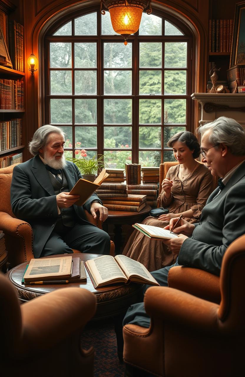 A cozy literary gathering featuring a nostalgic scene with famous UK classic writers like Charles Dickens, Jane Austen, and George Orwell