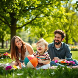 A joyful family scene portraying a young child with their parents in a sunny park