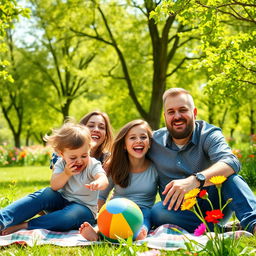 A joyful family scene portraying a young child with their parents in a sunny park