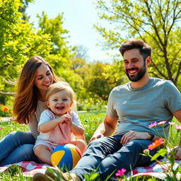 A joyful family scene portraying a young child with their parents in a sunny park