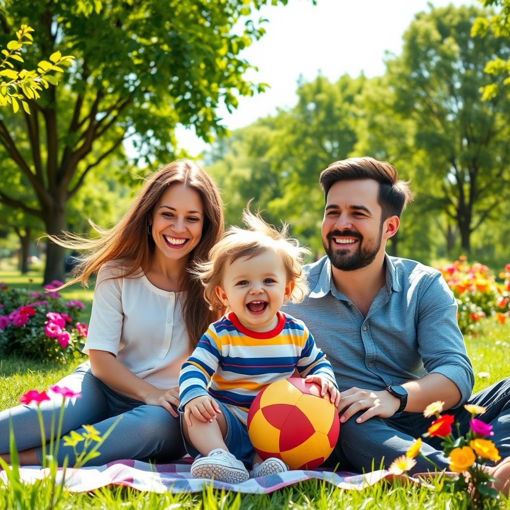 A joyful family scene portraying a young child with their parents in a sunny park
