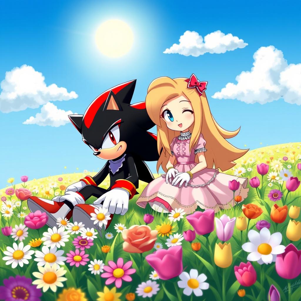 A serene and enchanting scene featuring Shadow the Hedgehog and Maria Robotnik sitting together on a vibrant field of flowers