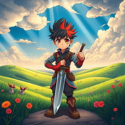 A young boy standing bravely in front of a vast, open fantasy plain, depicted in vibrant manhwa style