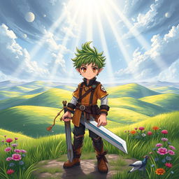 A young boy standing bravely in front of a vast, open fantasy plain, depicted in vibrant manhwa style