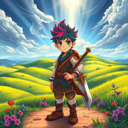 A young boy standing bravely in front of a vast, open fantasy plain, depicted in vibrant manhwa style