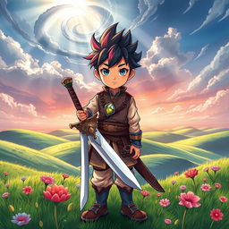 A young boy standing bravely in front of a vast, open fantasy plain, depicted in vibrant manhwa style