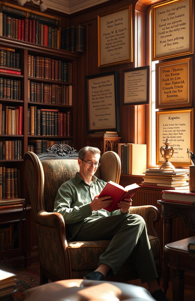A cozy library setting filled with classic Irish literature, featuring bookshelves overflowing with works by famous Irish writers such as James Joyce, W