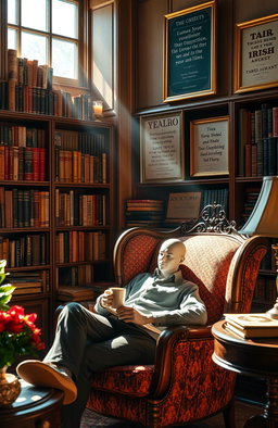 A cozy library setting filled with classic Irish literature, featuring bookshelves overflowing with works by famous Irish writers such as James Joyce, W