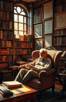A cozy library setting filled with classic Irish literature, featuring bookshelves overflowing with works by famous Irish writers such as James Joyce, W