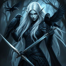 A striking dark elf fighter with long, flowing white hair and piercing blue ice eyes, exuding an aura of elegance and strength