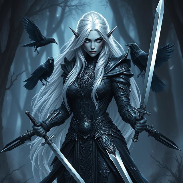 A striking dark elf fighter with long, flowing white hair and piercing blue ice eyes, exuding an aura of elegance and strength