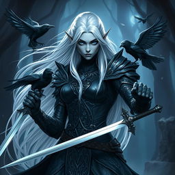 A striking dark elf fighter with long, flowing white hair and piercing blue ice eyes, exuding an aura of elegance and strength