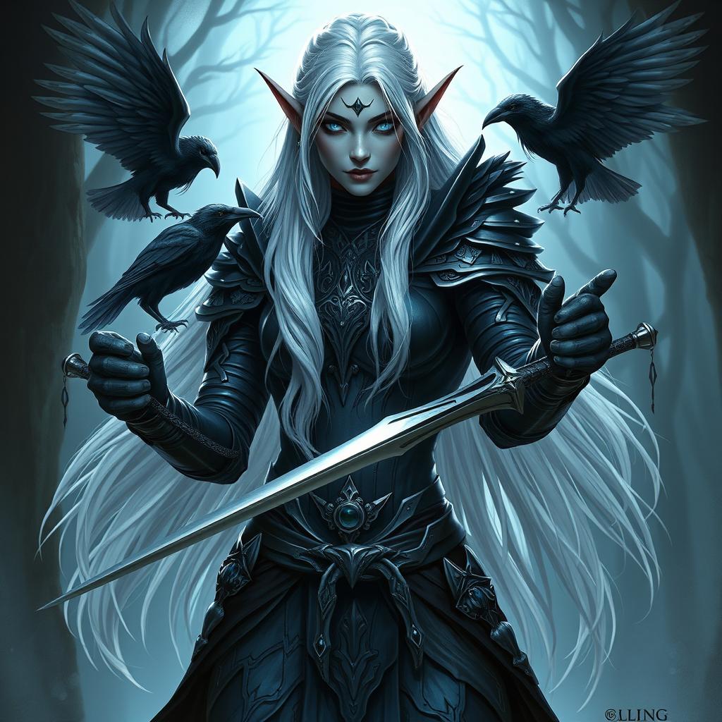 A striking dark elf fighter with long, flowing white hair and piercing blue ice eyes, exuding an aura of elegance and strength