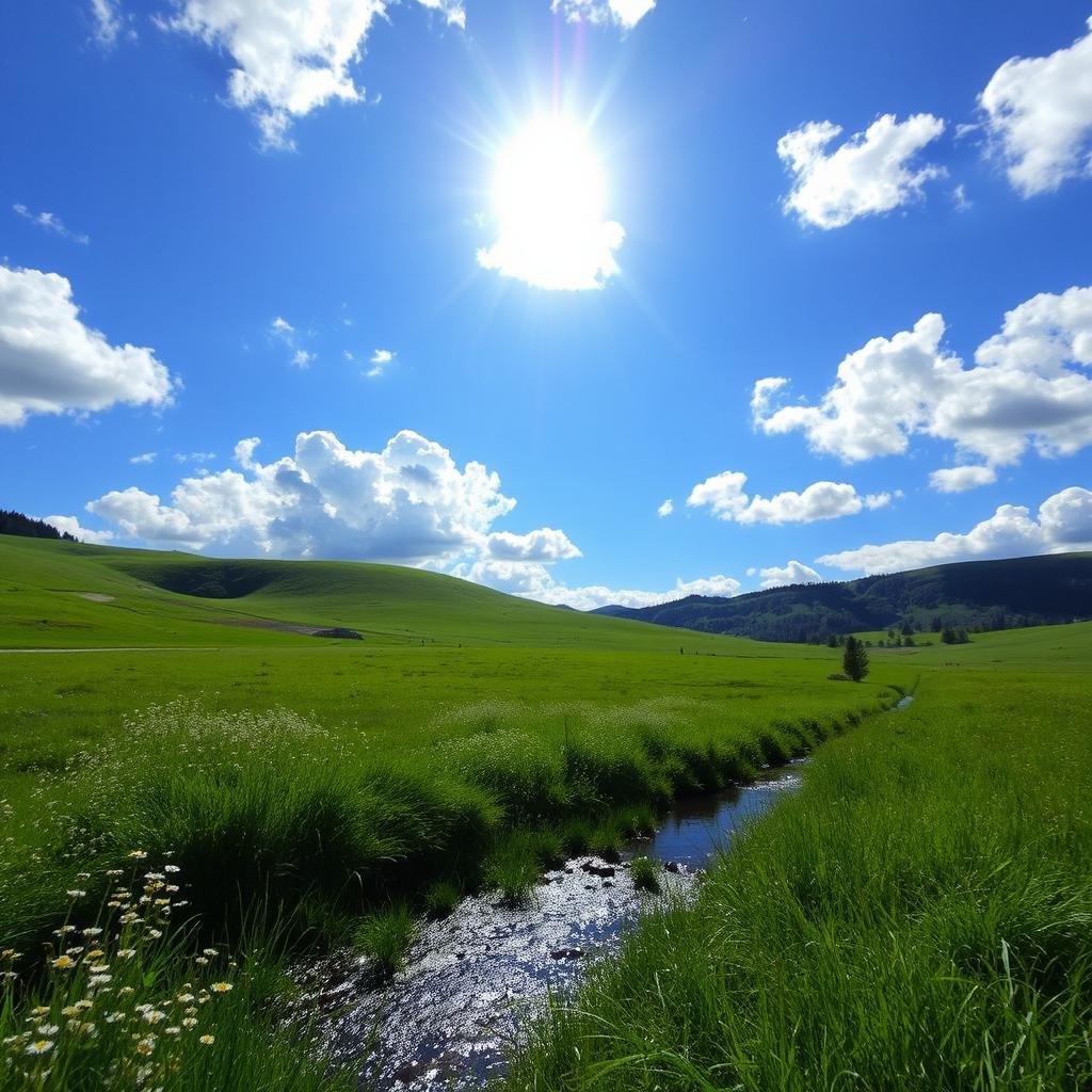 A scenic landscape on a partly cloudy day, featuring a vibrant blue sky with fluffy white clouds scattered throughout