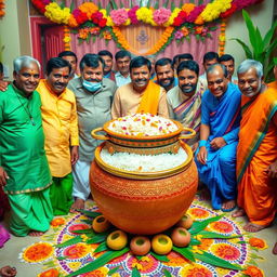 A vibrant and festive scene depicting a traditional Pongal celebration, showcasing a decorative pot filled with sweet rice, known as Pongal