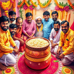A vibrant and festive scene depicting a traditional Pongal celebration, showcasing a decorative pot filled with sweet rice, known as Pongal