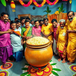 A vibrant and festive scene depicting a traditional Pongal celebration, showcasing a decorative pot filled with sweet rice, known as Pongal