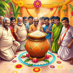 A vibrant and festive scene depicting a traditional Pongal celebration, showcasing a decorative pot filled with sweet rice, known as Pongal