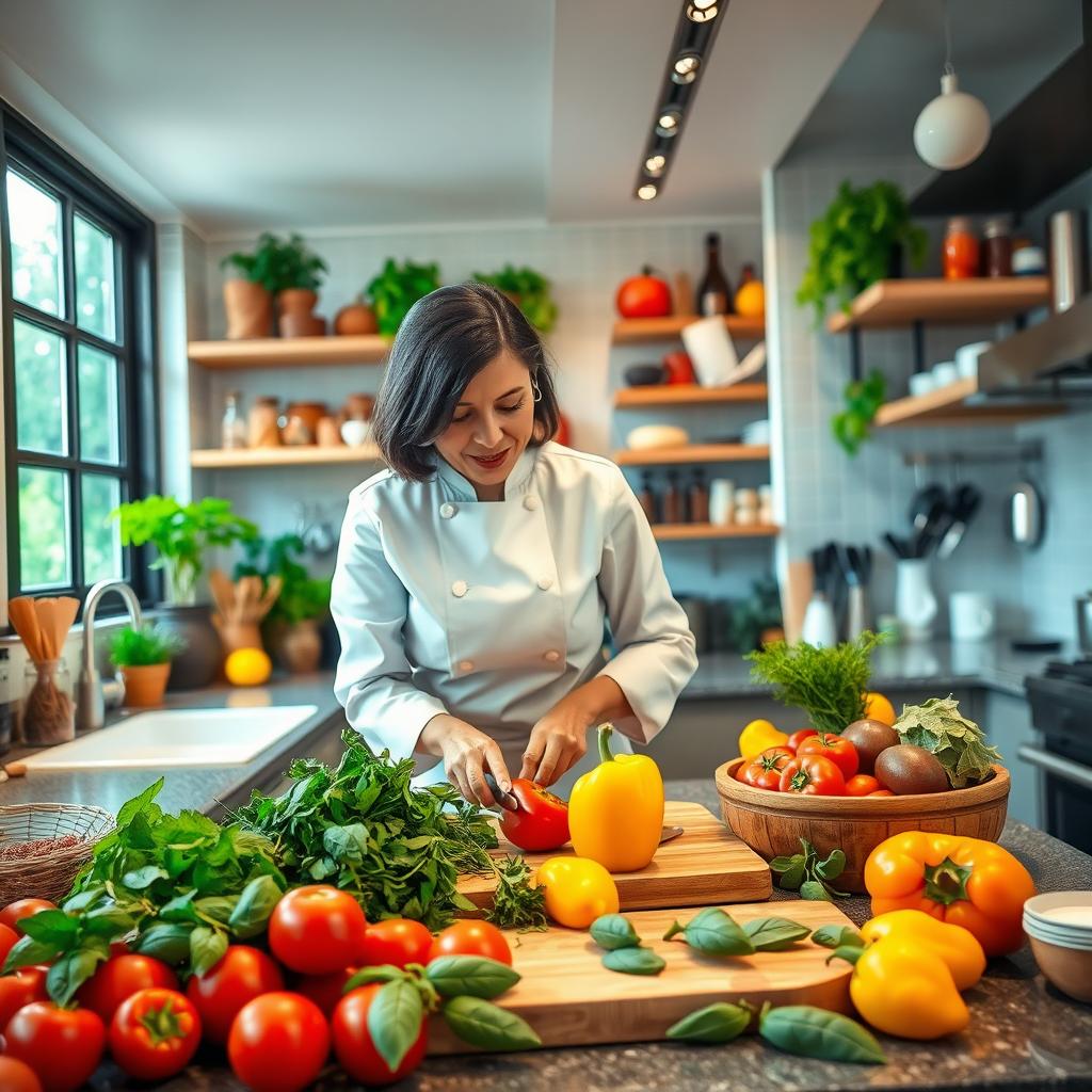 A brightly lit gourmet kitchen filled with colorful vegetables, spices, and kitchenware