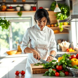 A brightly lit gourmet kitchen filled with colorful vegetables, spices, and kitchenware