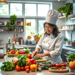 A brightly lit gourmet kitchen filled with colorful vegetables, spices, and kitchenware