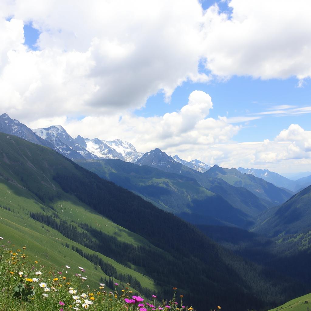 A breathtaking view of a mountainous landscape under a partly cloudy sky
