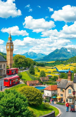A vibrant travelogue showcasing the diverse landscapes and iconic landmarks of the United Kingdom