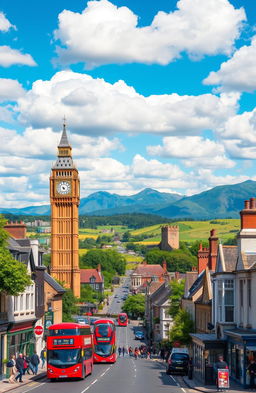 A vibrant travelogue showcasing the diverse landscapes and iconic landmarks of the United Kingdom