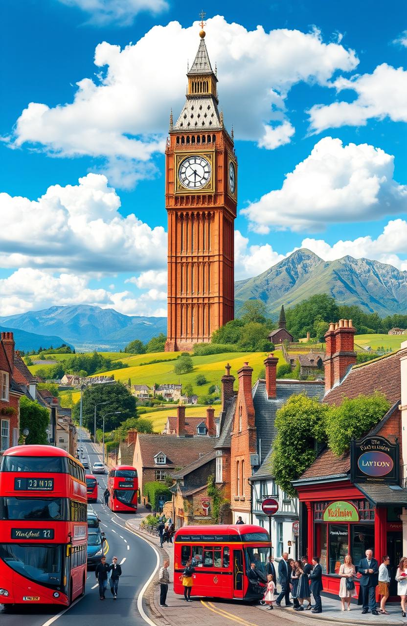 A vibrant travelogue showcasing the diverse landscapes and iconic landmarks of the United Kingdom