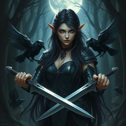 A captivating dark-haired elf fighter with long, flowing hair that cascades down her back, framed by striking features and alluring dark armor that accentuates her grace and strength