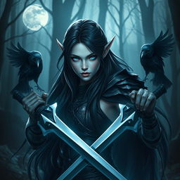 A captivating dark-haired elf fighter with long, flowing hair that cascades down her back, framed by striking features and alluring dark armor that accentuates her grace and strength