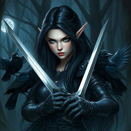 A captivating dark-haired elf fighter with long, flowing hair that cascades down her back, framed by striking features and alluring dark armor that accentuates her grace and strength