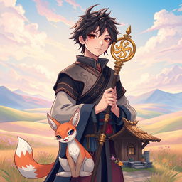 A young man standing confidently in front of a sprawling fantasy open plain, illustrated in a captivating manhwa style