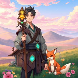 A young man standing confidently in front of a sprawling fantasy open plain, illustrated in a captivating manhwa style