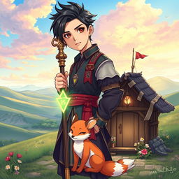 A young man standing confidently in front of a sprawling fantasy open plain, illustrated in a captivating manhwa style
